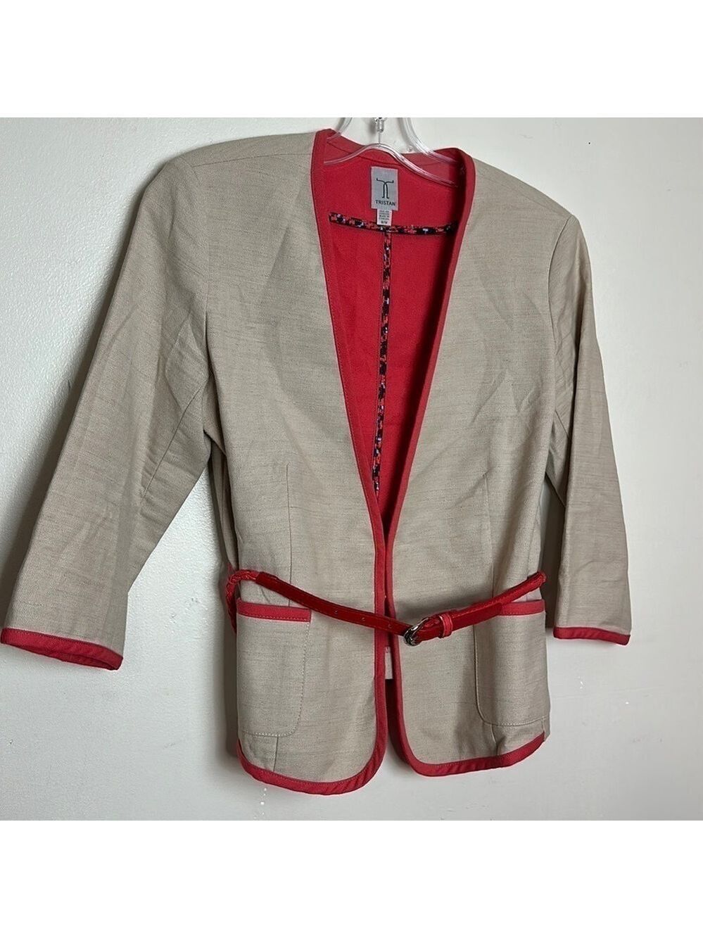 Tristan Tailored Cropped Sleeve Belted Blazer in Tan with Coral Accent